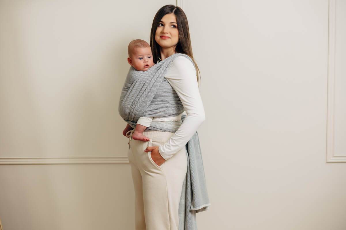 Tragetuch, Fischgrätmuster (100% Baumwolle) - LITTLE HERRINGBONE GRAU - Größe S #babywearing