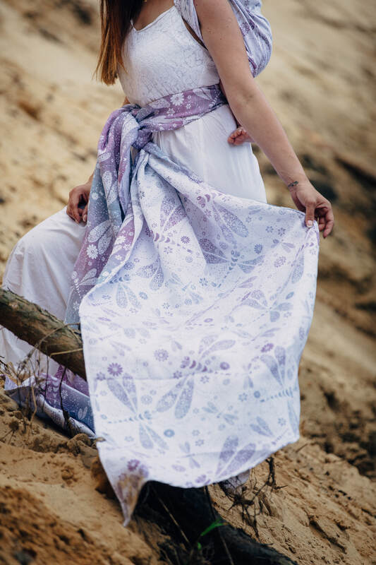 Baby Wrap, Jacquard Weave (60% cotton, 40% linen) - DRAGONFLY LAVENDER - size M #babywearing