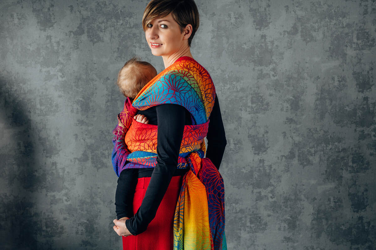 Żakardowa chusta do noszenia dzieci, bawełna - TĘCZOWY LOTOS - rozmiar XS #babywearing