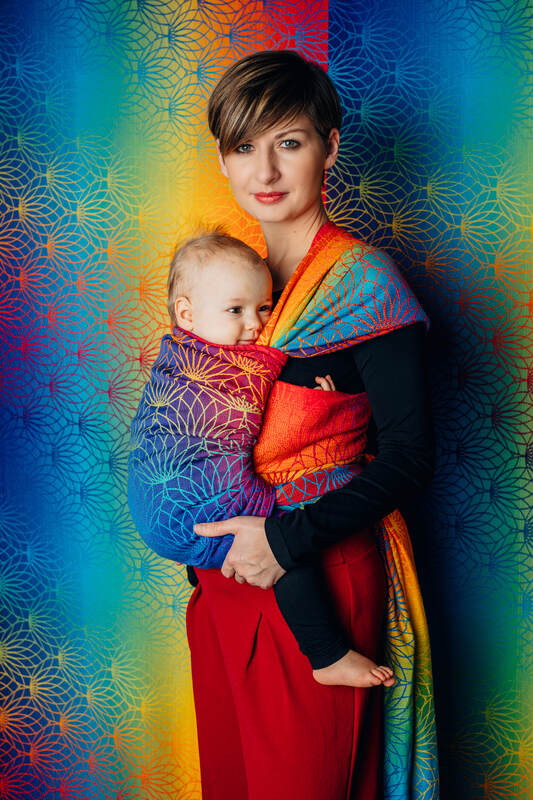 Żakardowa chusta do noszenia dzieci, bawełna - TĘCZOWY LOTOS - rozmiar XS #babywearing