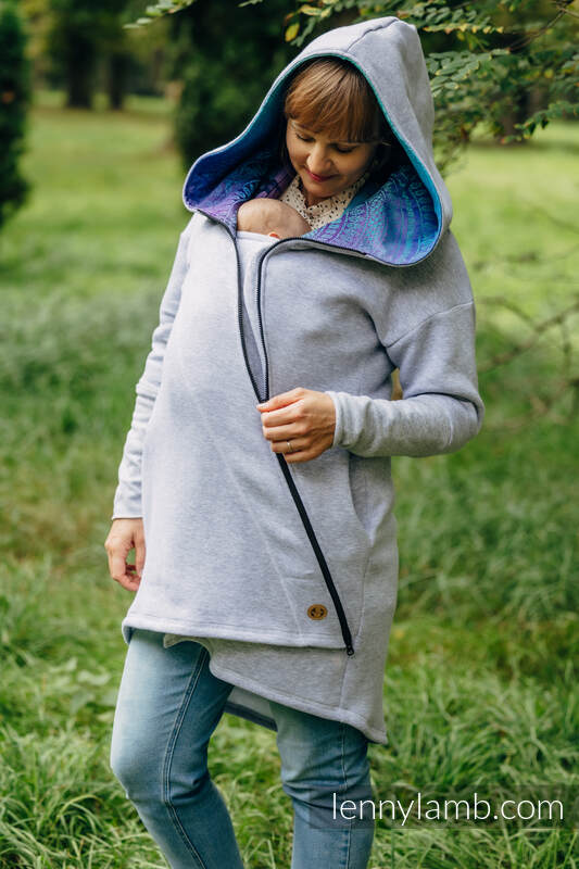 Asymmetrischer Pullover - Graue Melange mit Peacock's Tail Fantas - Größe XXL #babywearing