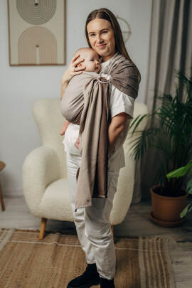 My First Ring Sling, Herringbone Weave (100% cotton) - with gathered shoulder - LITTLE HERRINGBONE BABY CAFFE LATTE - standard 1.8m