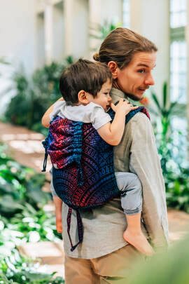 Lenny Buckle Onbuhimo PRO baby carrier, Standard size, jacquard weave (60% cotton, 28% merino wool, 8% silk, 4% cashmere) - PEACOCK'S TAIL - BLACK OPAL