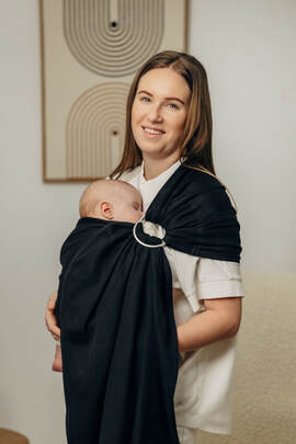 Ring Sling, Herringbone Weave (100% cotton) - with gathered shoulder - LITTLE HERRINGBONE EBONY BLACK - standard 1.8m