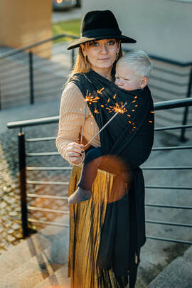Baby Wrap, Jacquard Weave (59% cotton, 41% merino wool) - PEACOCK'S TAIL - PITCH BLACK - size M
