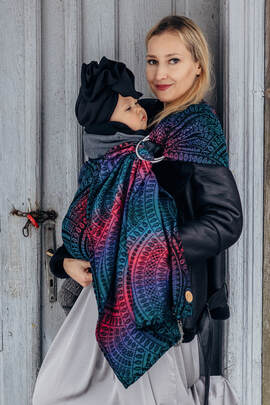 Ring Sling, Jacquard Weave (60% cotton, 28% merino wool, 8% silk, 4% cashmere), with gathered shoulder - PEACOCK'S TAIL - BLACK OPAL - standard 1.8m