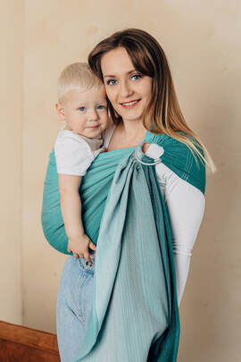 Ring Sling, Jacquard Weave (100% cotton), with gathered shoulder - LITTLE HERRINGBONE OBMRE GREEN - standard 1.8m